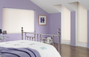 White vertical blind - purple bedroom 